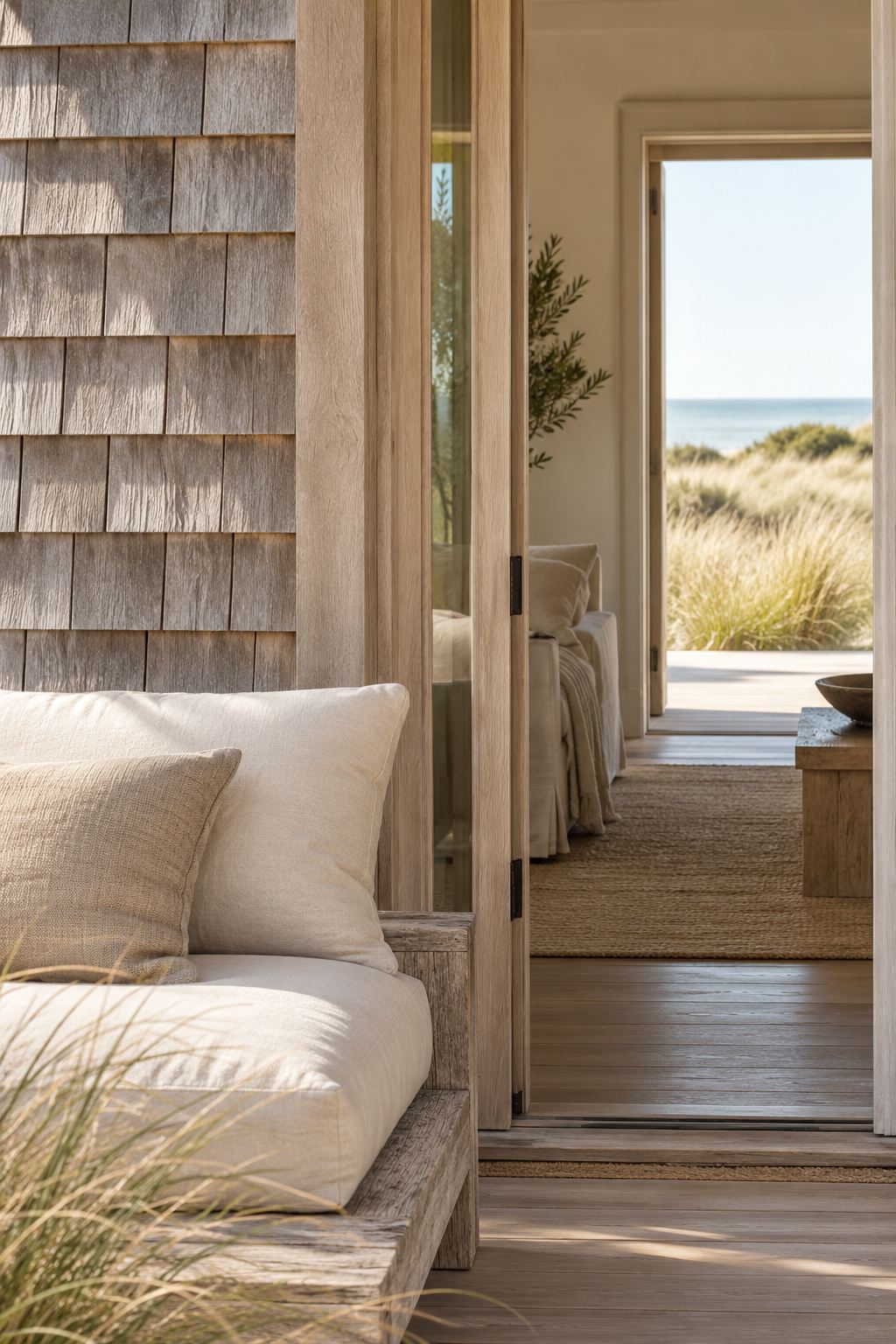 Weathered cedar shingles beside an outdoor daybed, with a doorway framing the dunes and the sea