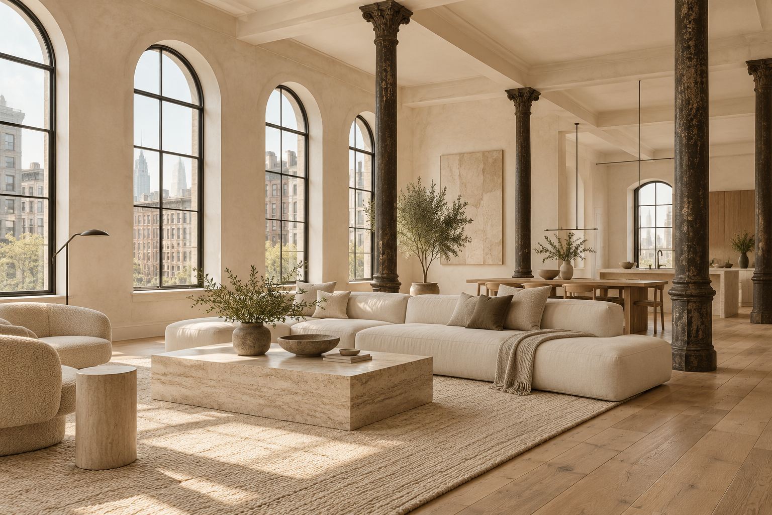 A Tribeca loft with cast-iron columns, arched windows, plaster walls, and oak floors in morning light