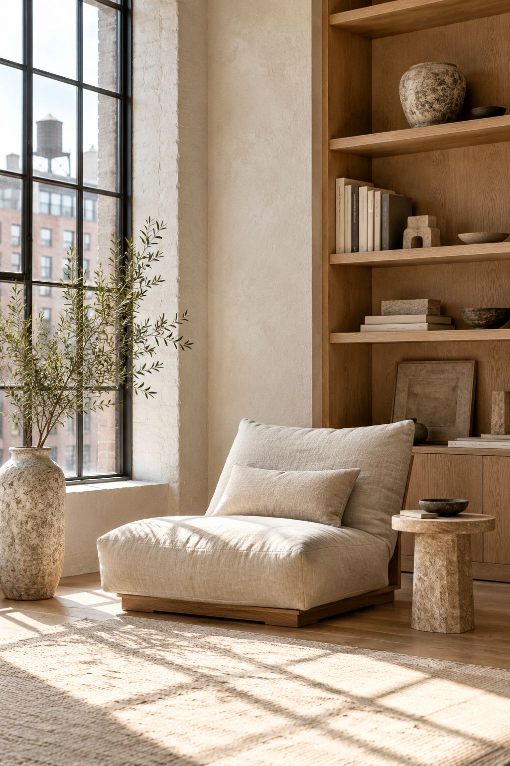Linen lounge chair beside oak shelving and a tall steel-framed window